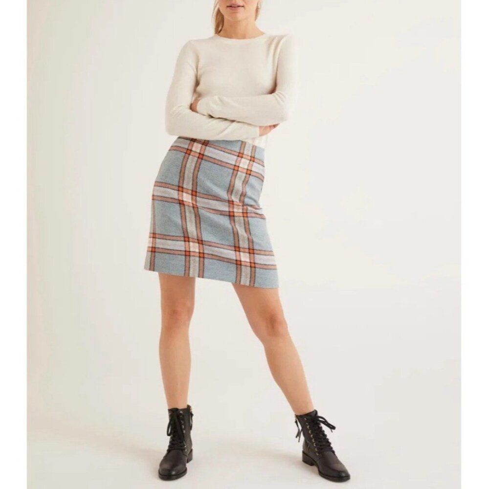 Boden Blue Plaid Pencil Skirt with Rust Accents
